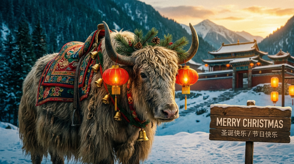 A personified yak Chinese teacher that teaches Merry Christmas and Happy Holidays in simplified Chinese for beginners.