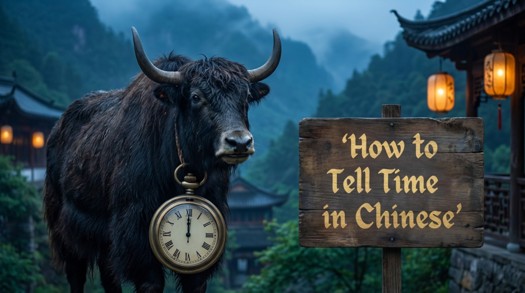 A personified yak Chinese teacher that explains how to tell time in Chinese for beginners.