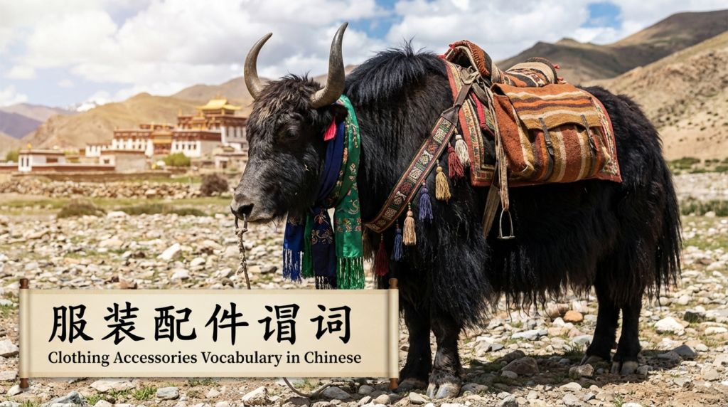 A personified yak Chinese teacher that teaches clothing accessories vocabulary in Chinese with pinyin and real-life examples.