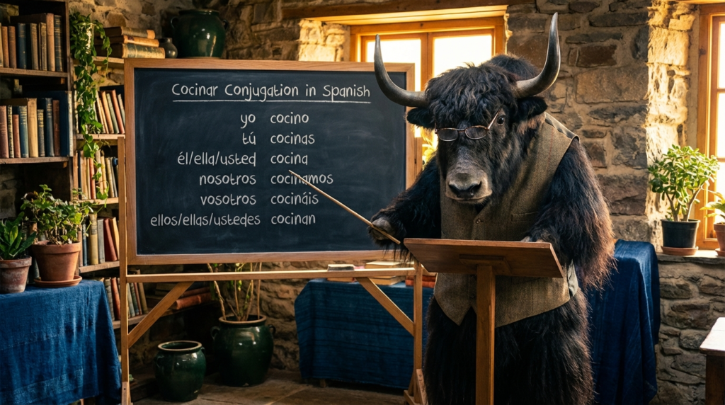 A personified yak Spanish teacher that teaches recoger conjugation in Spanish with easy charts and real examples.