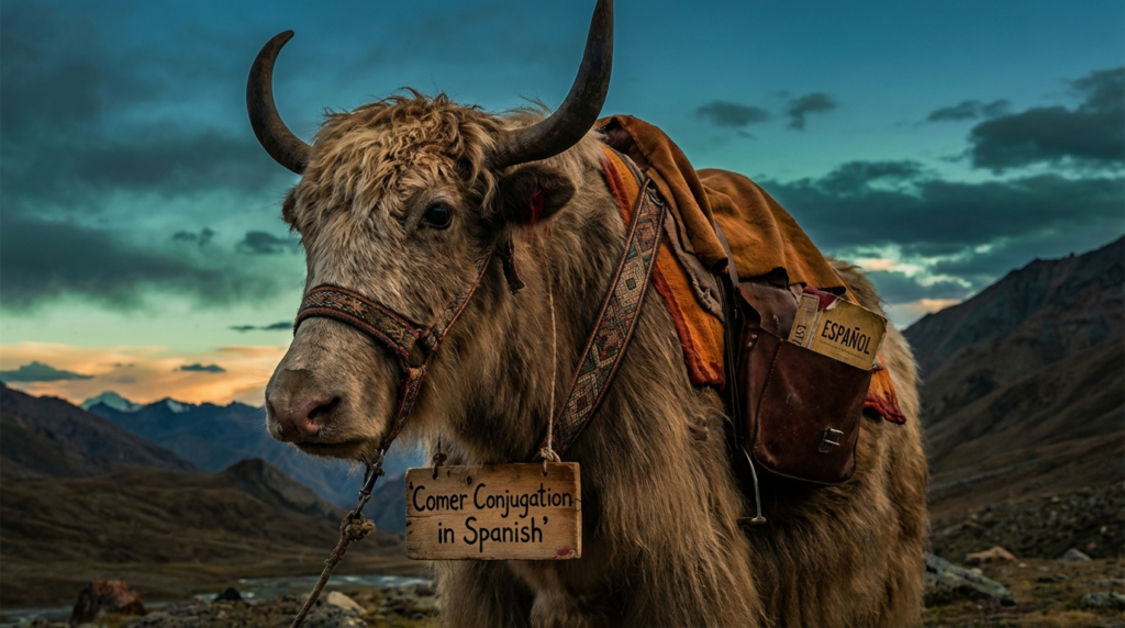 A personified yak Spanish teacher that teaches proveer conjugation in Spanish with verb charts, examples, and common mistakes.