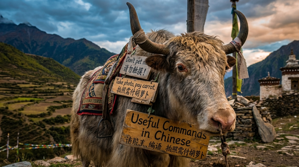 A personified yak Chinese teacher that teaches useful commands in Chinese with pinyin for SEO.