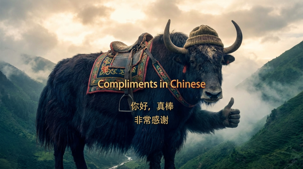 A personified yak Chinese teacher that teaches compliments in Chinese for beginners.