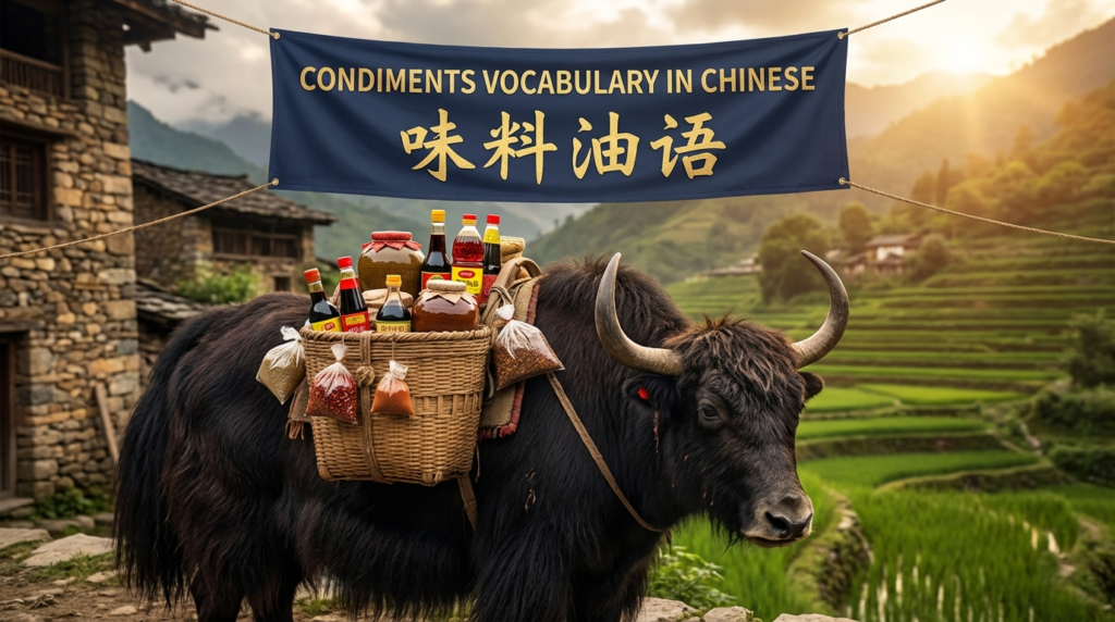 A personified yak Chinese teacher that teaches simplified Chinese condiments vocabulary for beginners.