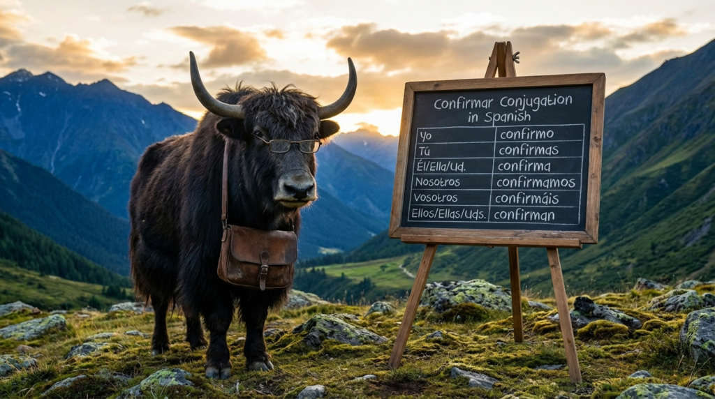 A personified yak Spanish teacher that teaches confirmar conjugation in Spanish with present, past, future, subjunctive, and command examples.