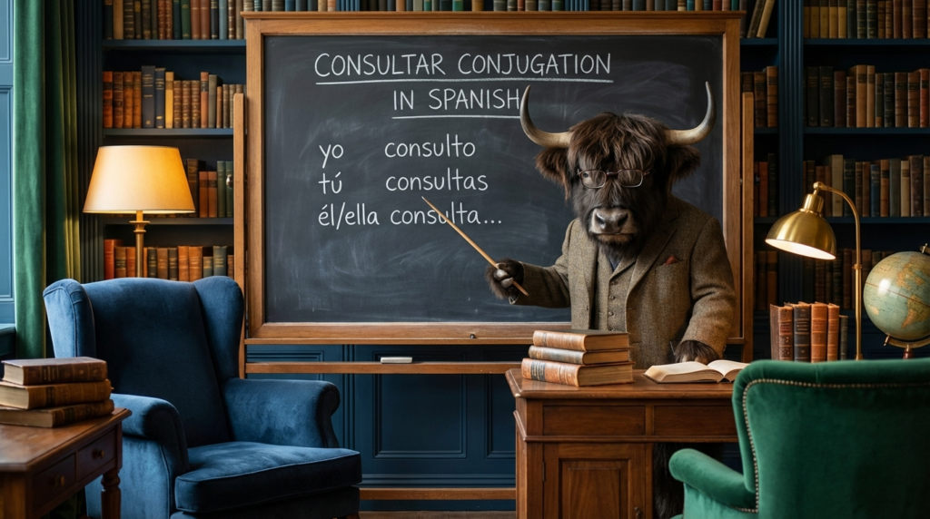 A personified yak Spanish teacher that teaches Consultar conjugation in Spanish with easy charts and real-life examples.