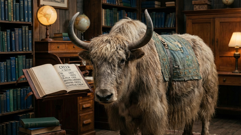 A personified yak Spanish teacher that explains dormir conjugation in Spanish with easy charts and real-life examples.