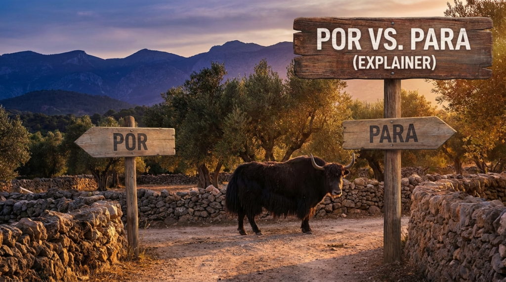 A personified yak Spanish teacher that explains Spanish por vs para with easy rules and real-life examples.