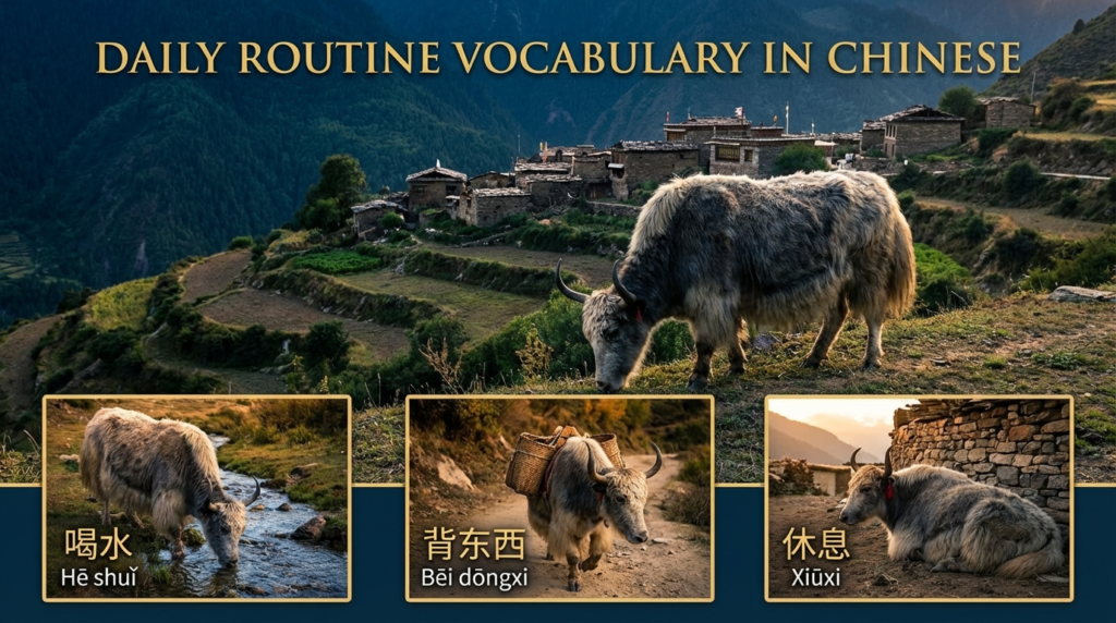 A personified yak Chinese teacher that teaches daily routine vocabulary in simplified Chinese for beginners.