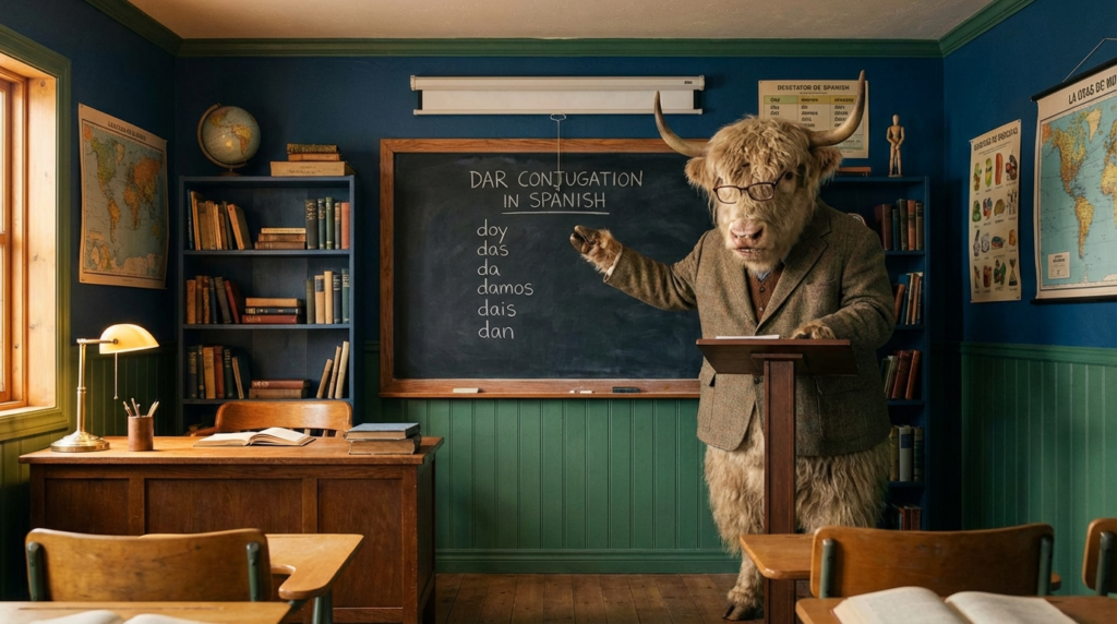 A personified yak Spanish teacher that explains dar conjugation in Spanish with easy charts and real-life examples.