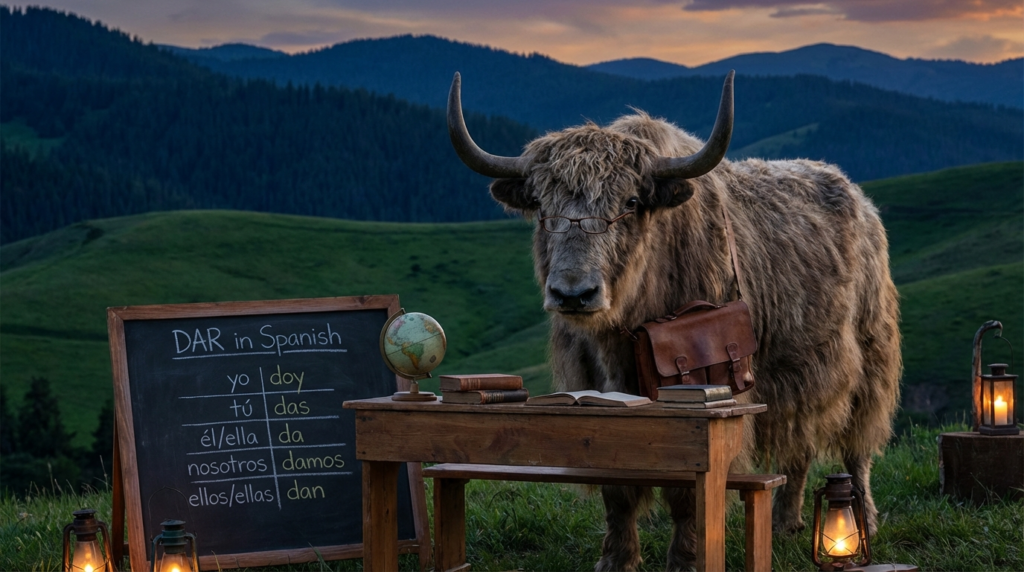 A personified yak Spanish teacher that explains dar in Spanish with real-life Mexican Spanish examples.