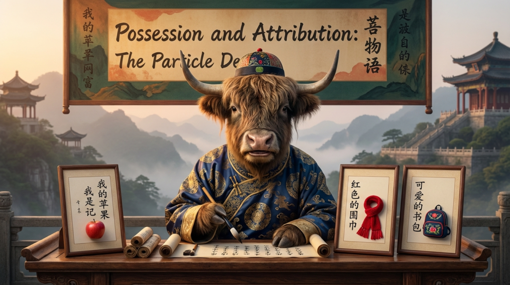 A personified yak Chinese teacher that explains simplified Chinese 的 (de) for possession and description.