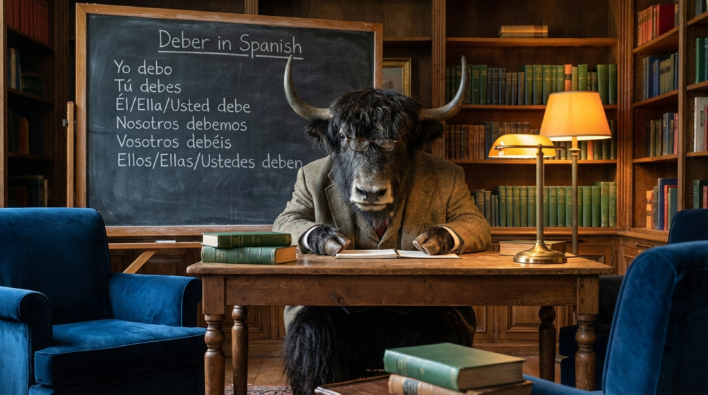 A personified yak Spanish teacher that explains Spanish deber, deber de, should, must, and owe for beginners.