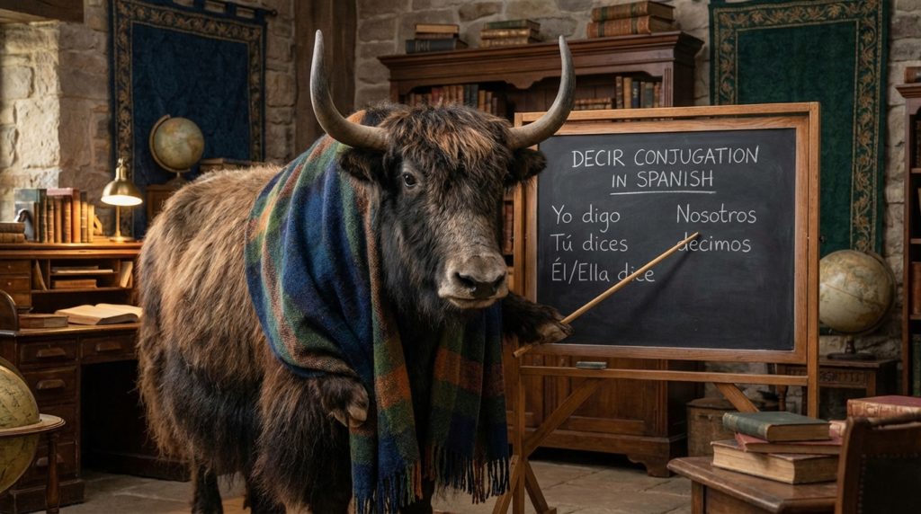 A personified yak Spanish teacher that explains decir conjugation in Spanish with charts and real-life examples.