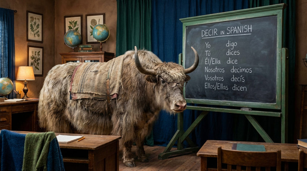 A personified yak Spanish teacher that explains the Spanish decir verb with present tense forms and everyday phrases for beginners.