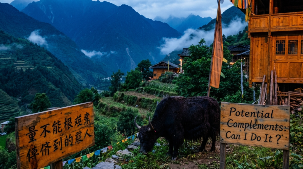 A personified yak Chinese teacher that teaches simplified Chinese potential complements and how to say can I do it.