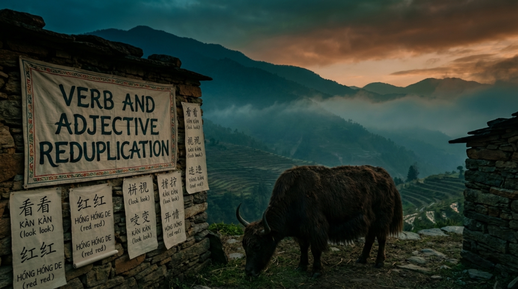 A personified yak Chinese teacher that explains simplified Chinese verb and adjective reduplication for beginners.