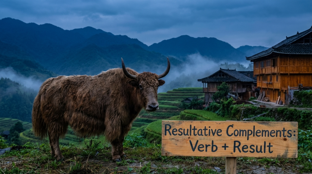 A personified yak Chinese teacher that teaches simplified Chinese resultative complements verb plus result with beginner examples.