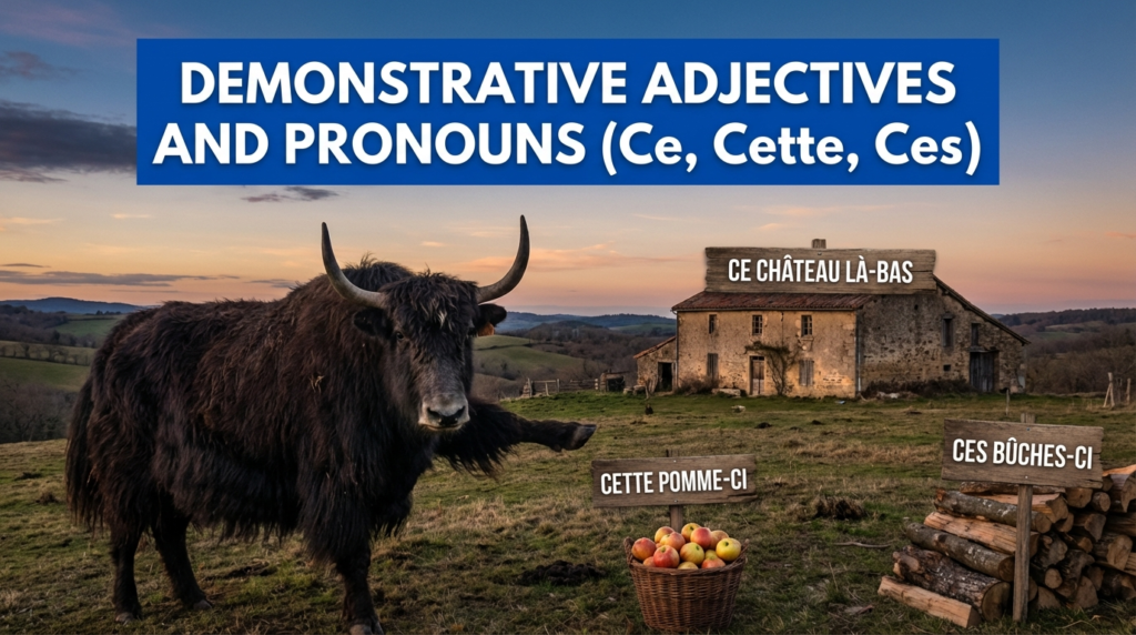 A personified yak French teacher that explains French demonstrative adjectives and pronouns ce, cette, ces with beginner-friendly examples.