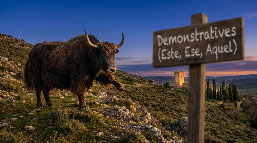 A personified yak Spanish teacher that explains Spanish demonstratives este ese aquel with colorful example cards.