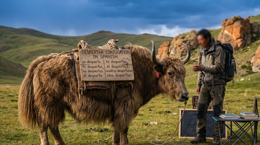 A personified yak Spanish teacher that teaches Spanish despertar conjugation with easy charts and real examples.
