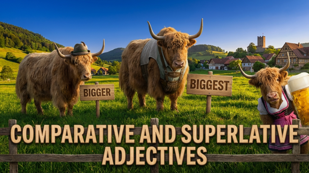 A personified yak German teacher that explains German comparative and superlative adjectives for beginners.
