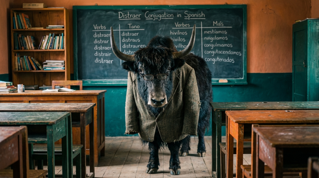 A personified yak Spanish teacher that explains Spanish escribir conjugation with easy charts, examples, and practice.