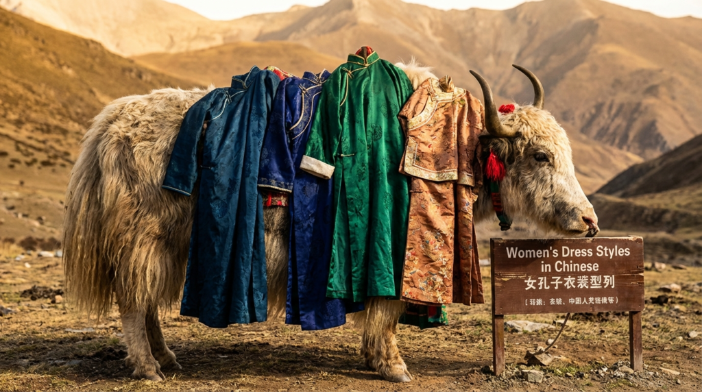 A personified yak Chinese teacher that teaches women’s dress styles in Chinese for beginners.