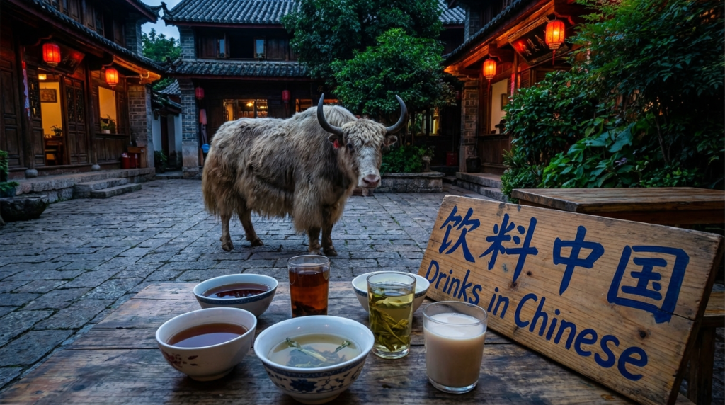 A personified yak Chinese teacher that teaches Chinese drinks vocabulary with pinyin for beginners.