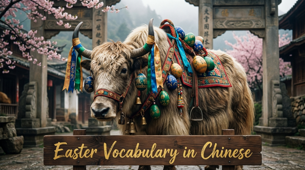 A personified yak Chinese teacher that teaches Easter vocabulary in Chinese for beginners with pinyin and real examples.