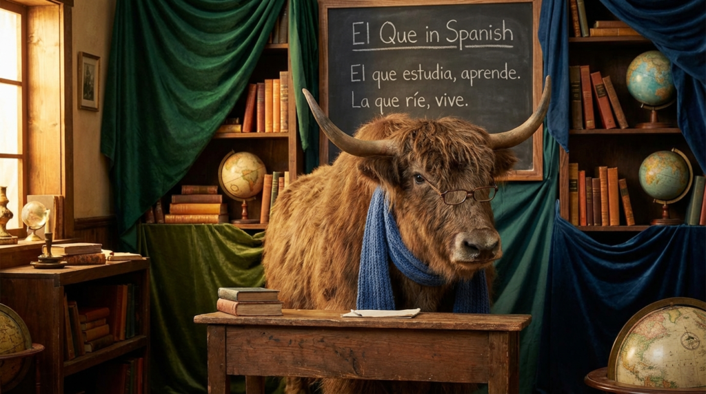 A personified yak Spanish teacher that explains el que in Spanish with easy rules and real-life examples.