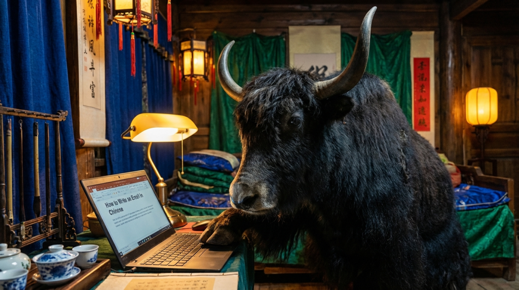 A personified yak Chinese teacher that explains how to write an email in Chinese with simplified Chinese email phrases for beginners.