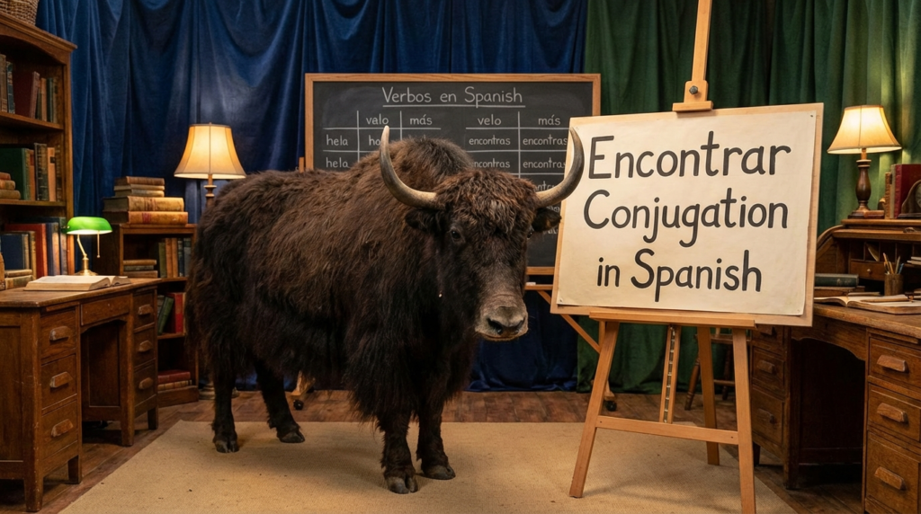 A personified yak Spanish teacher that explains Spanish encontrar conjugation with easy charts and real examples.