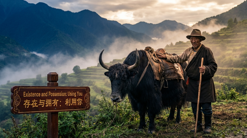 A personified yak Chinese teacher that teaches simplified Chinese 有 (yǒu) for existence and possession.