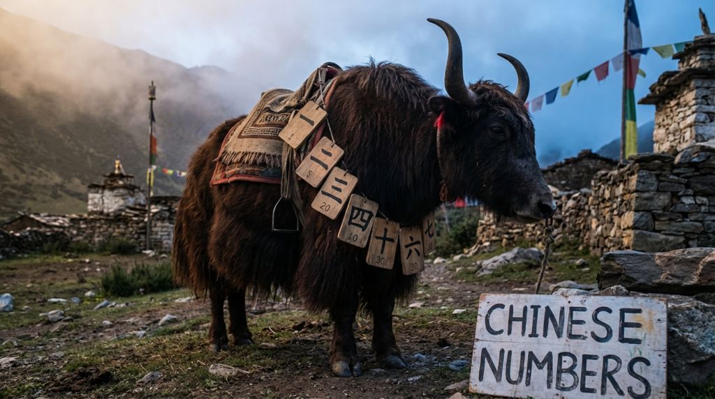 A personified yak Chinese teacher that teaches Chinese numbers in simplified Chinese with pinyin, counting words, and real-life examples.