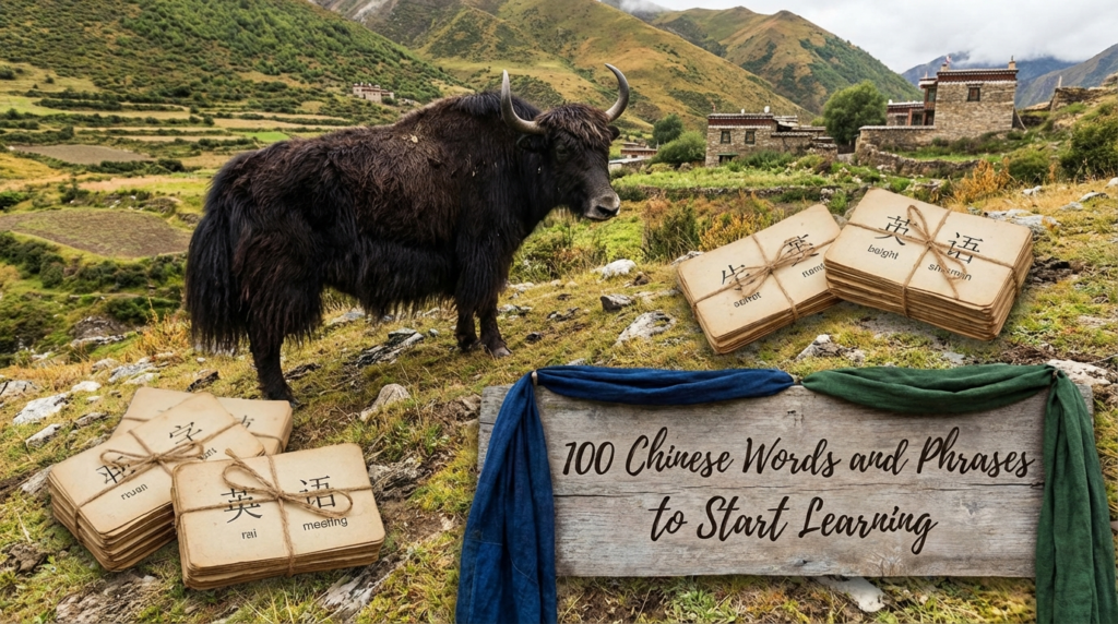 A personified yak Chinese teacher that teaches 100 Chinese words and phrases to start learning for beginners.
