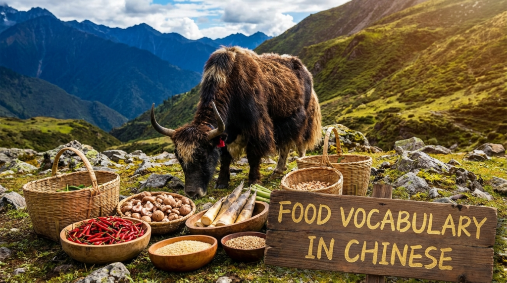 A personified yak Chinese teacher that teaches Chinese food vocabulary with pinyin and beginner-friendly examples.