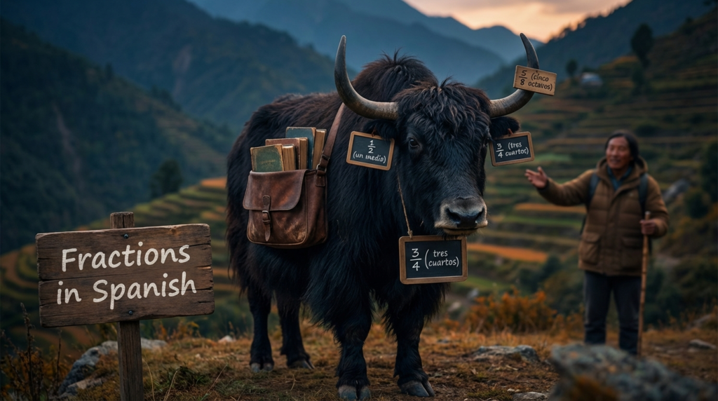 A personified yak Spanish teacher that teaches Spanish fractions for beginners with half, thirds, quarters, and real-life examples.