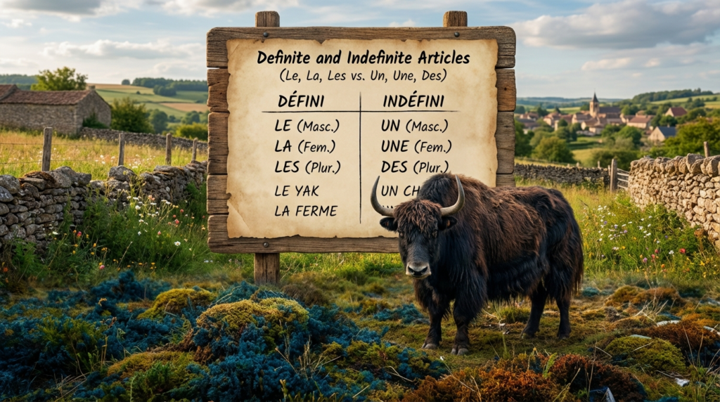 A personified yak French teacher that explains French definite and indefinite articles le, la, les, un, une, and des.