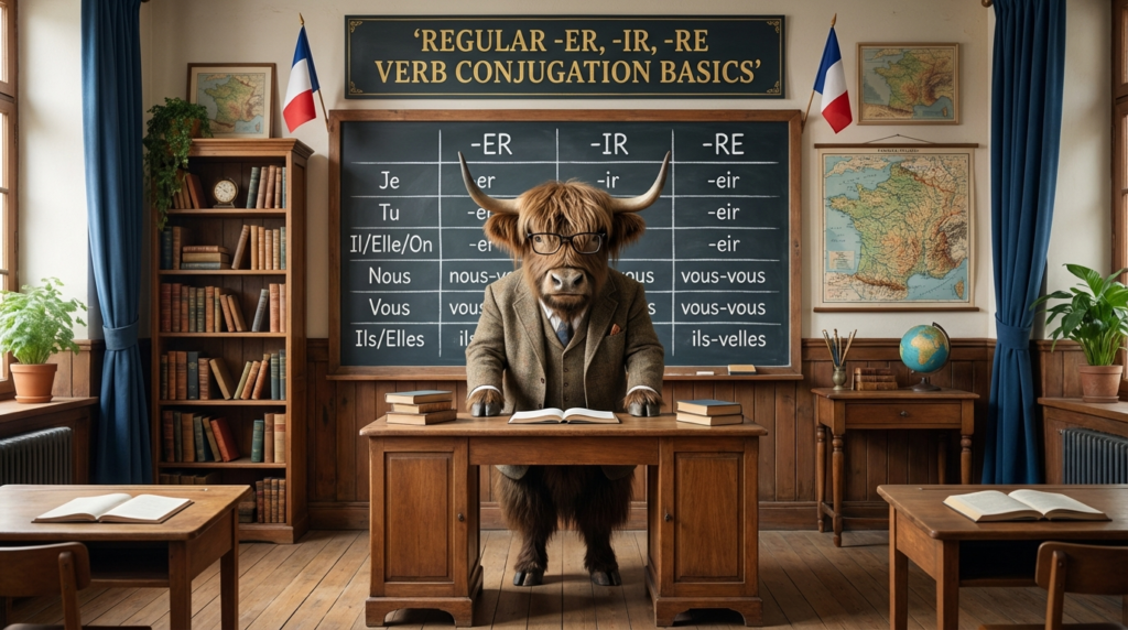 A personified yak French teacher that explains French regular -ER, -IR, and -RE verb conjugation basics for beginners.