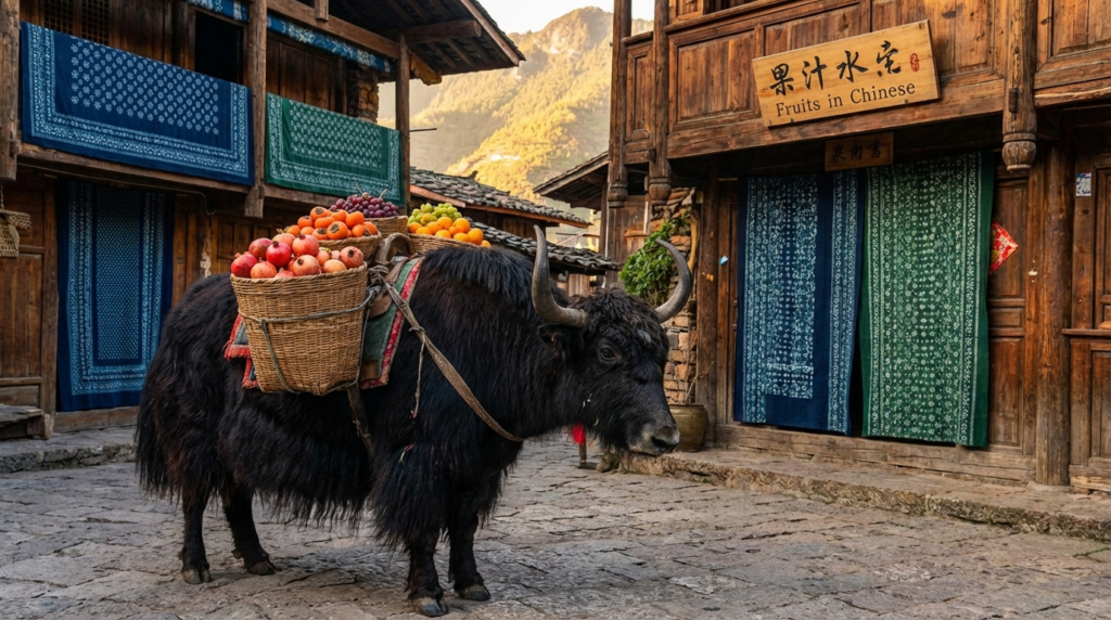 A personified yak Chinese teacher that teaches fruits in Chinese with pinyin, meanings, and real-life examples.