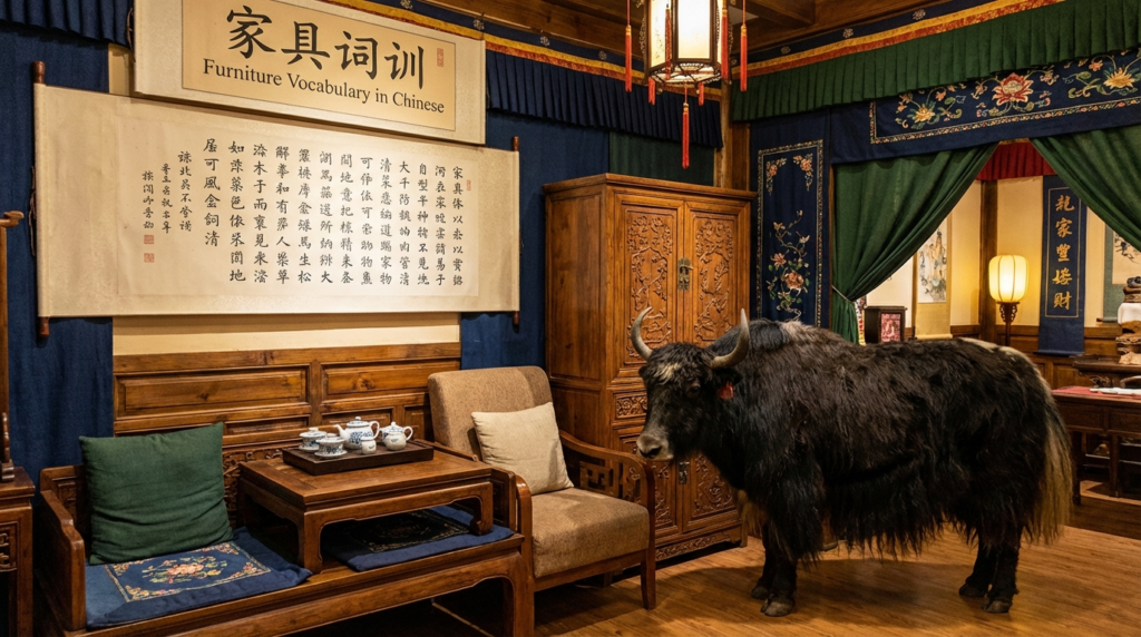 A personified yak Chinese teacher that teaches Chinese furniture vocabulary with pinyin for beginners.