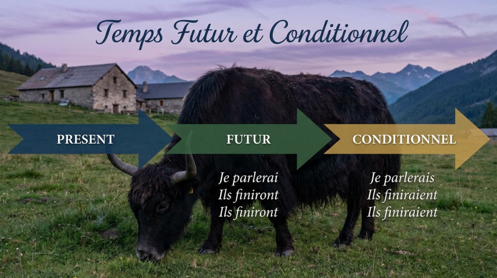 A personified yak French teacher that teaches French future and conditional tenses for beginners with clear rules and real examples.