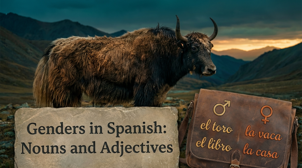 A personified yak Spanish teacher that explains Spanish gender rules for nouns and adjectives with examples.