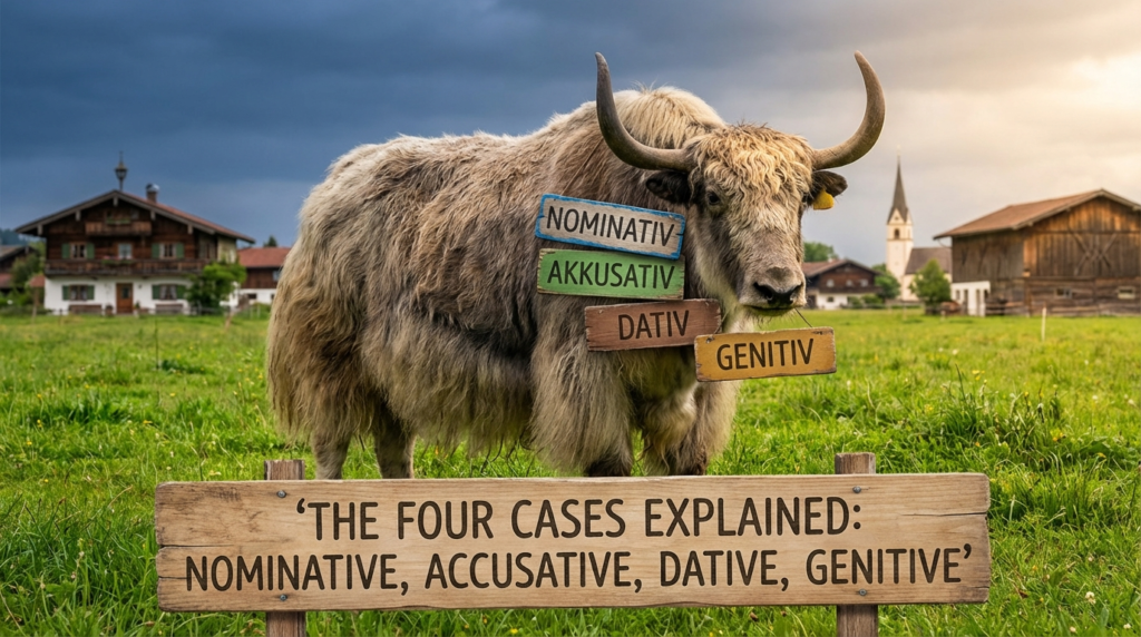 A personified yak German teacher that explains German cases, nominative, accusative, dative, and genitive for beginners.