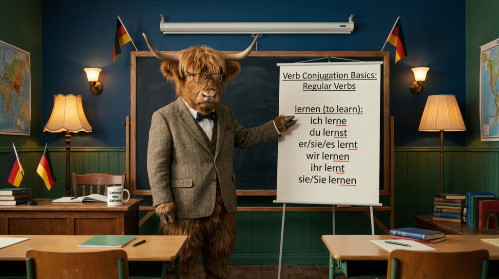 A personified yak German teacher that teaches German regular verb conjugation basics with present tense endings and beginner examples.
