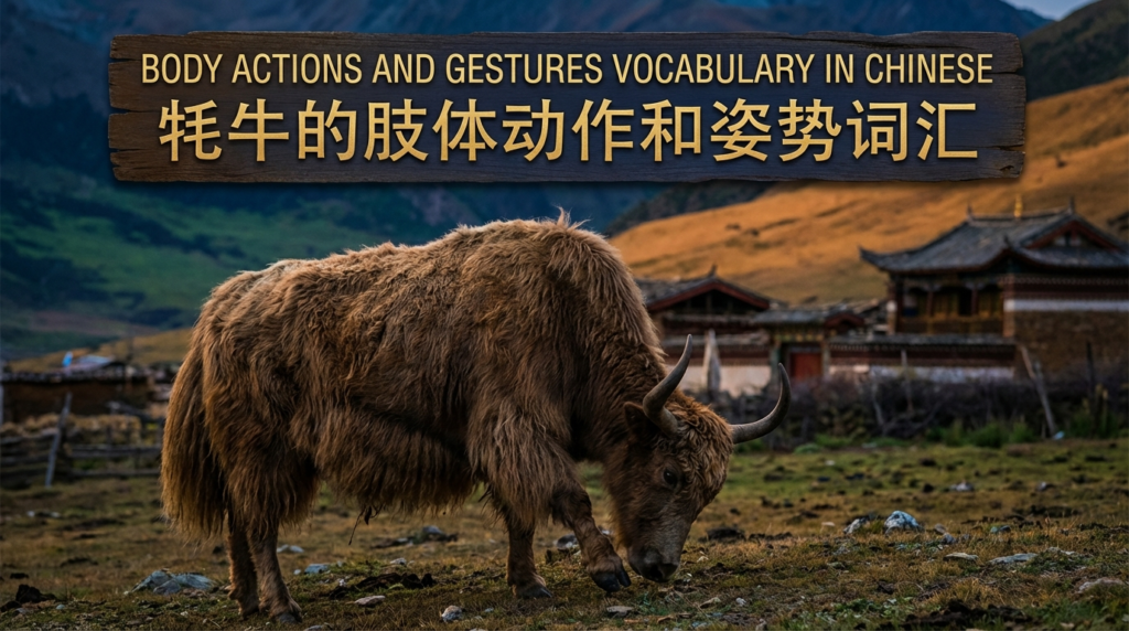 A personified yak Chinese teacher that teaches body actions and gestures vocabulary in simplified Chinese for beginners.