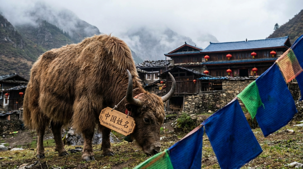 A personified yak Chinese teacher that teaches popular girl names in Chinese with simplified Chinese characters, pinyin, and meanings.