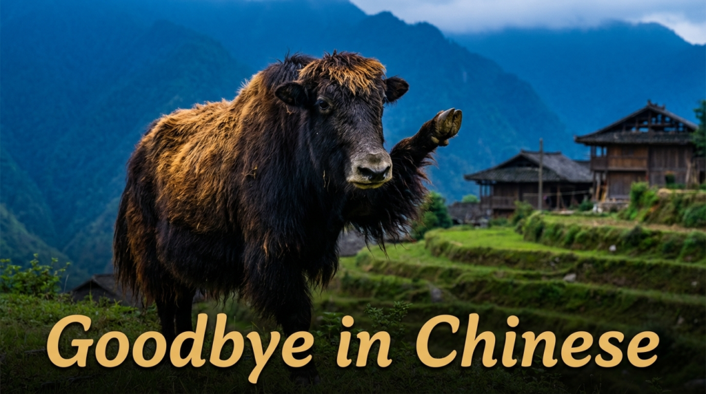 A personified yak Chinese teacher that teaches goodbye in Chinese with easy phrases, pinyin, and real-life examples.
