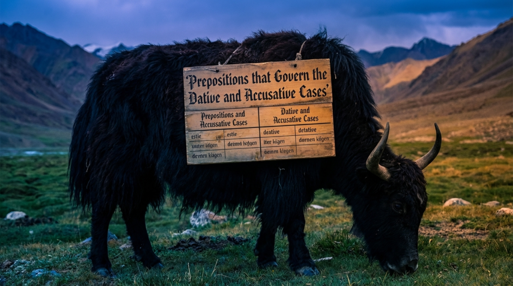 A personified yak German teacher that explains German two-way prepositions with dative and accusative cases.